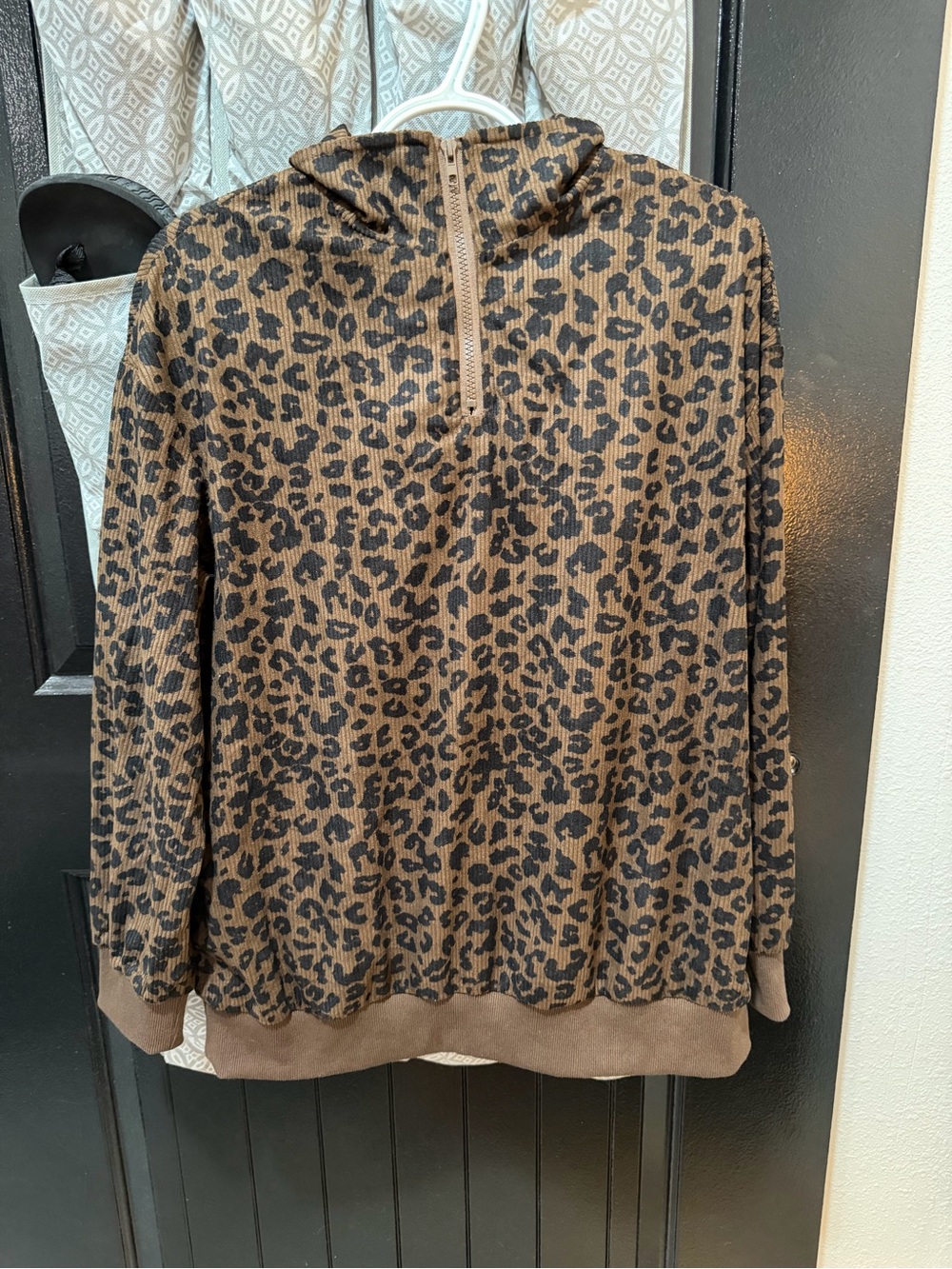 Leopard Print Half-Zip Hoodie Sweater - Brown